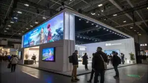 Un stand d’exposition lumineux avec un écran LED affichant une animation promotionnelle, entouré de visiteurs curieux.